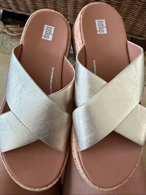 New Fitflop Metallic Gold Crisscross cork Slide Sandals